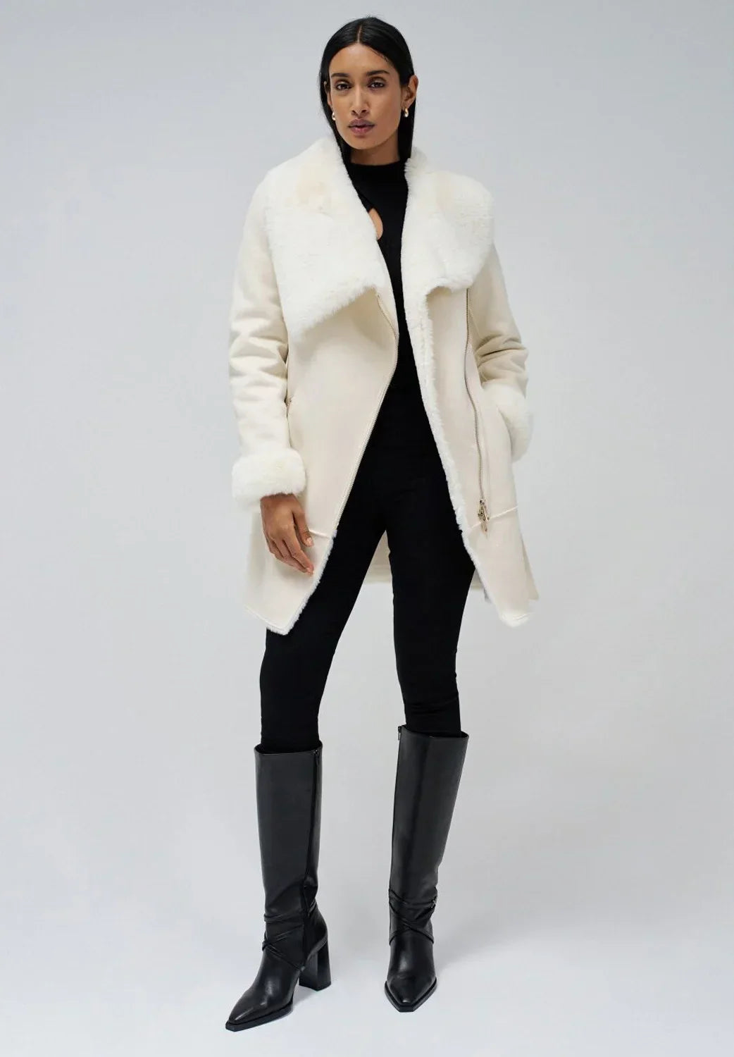 Manteau en Faux Shearling | Col Revers | Fermeture Éclair Latérale