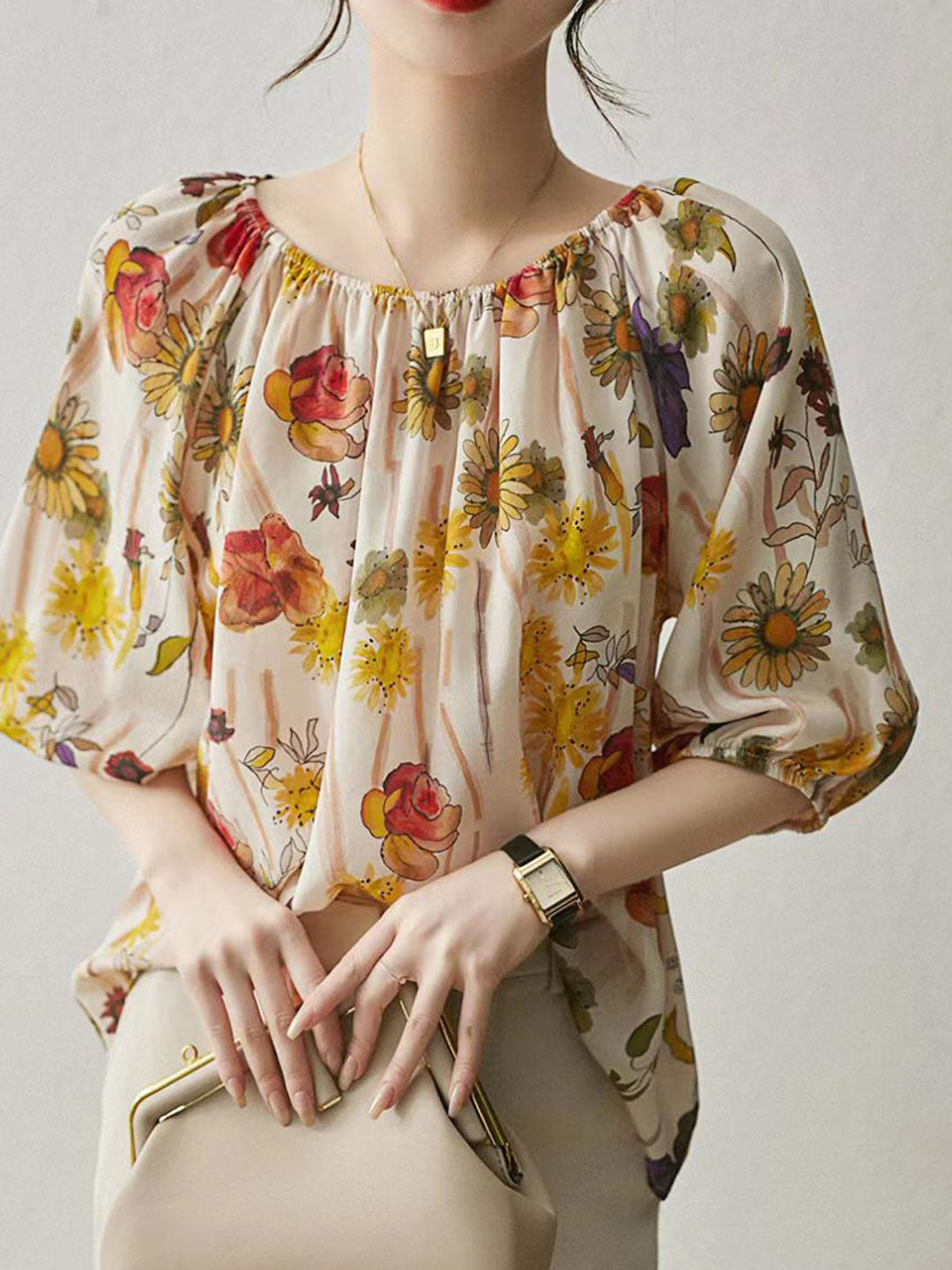 Blouse florale | Manches ballon | Collection Clarté