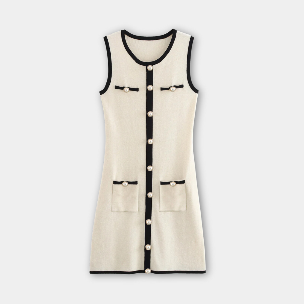 Robe Mini Tricot Sans Manches | Bordure Contrastée | Boutons Devant | Ajustée