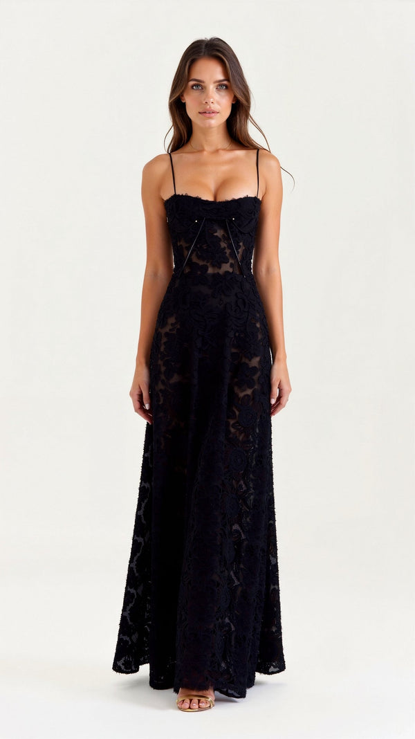 Robe Maxi Naya en Dentelle | Superposition Transparente | Bretelles Fines