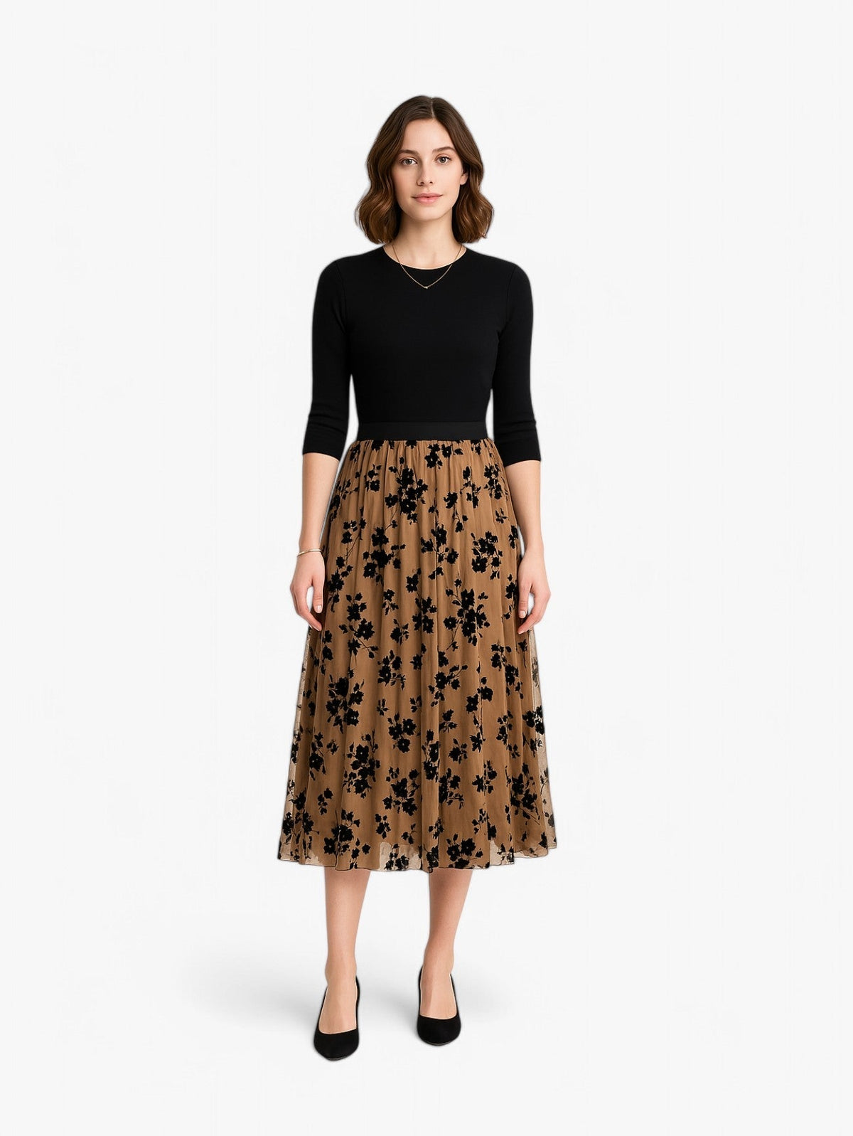 Jupe Midi Plissée | Superposition Mesh Floral | Silhouette A-line