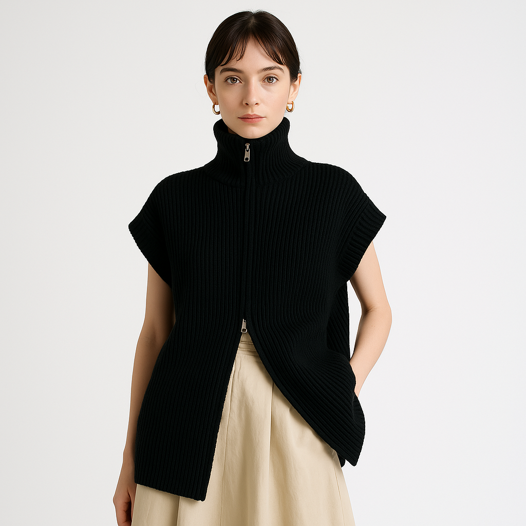 Gilet Zippé en Maille Ribée | Col Haut | Coupe Oversize
