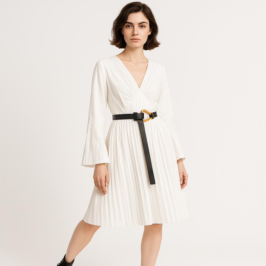 Robe Lina Plissée | Ceinture Contrastante Blanche | Élégance Moderne