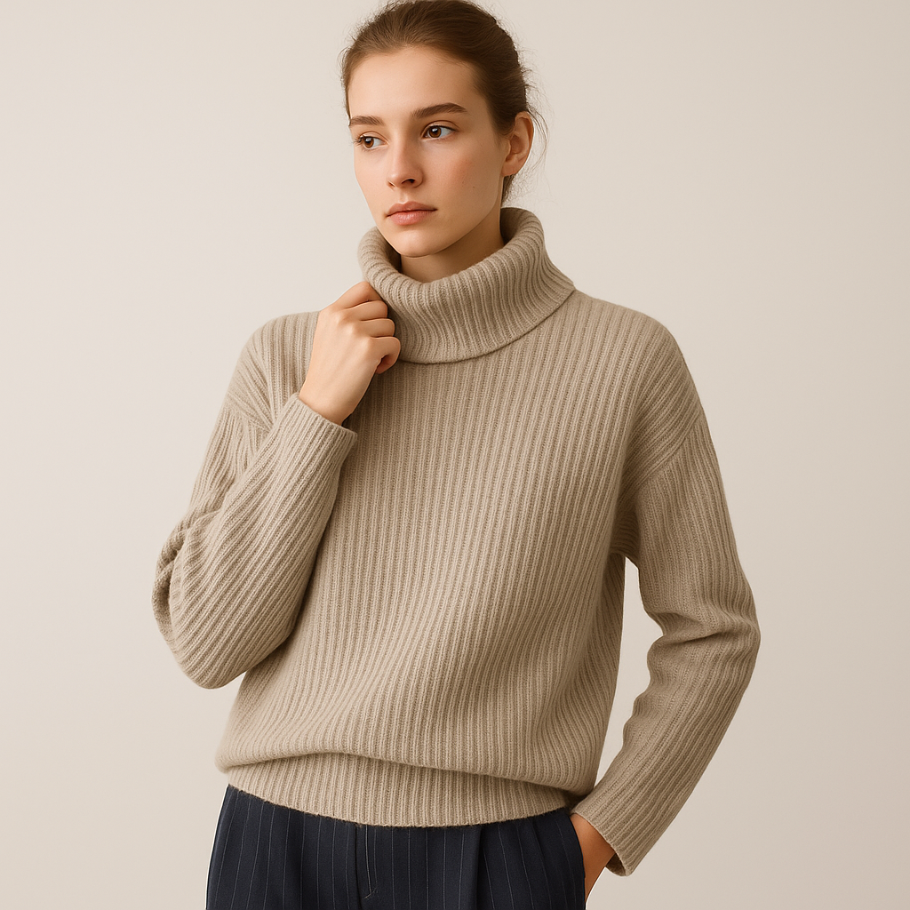 Pull en Laine Ribbé | Col Montant Asymétrique | Coupe Relaxée