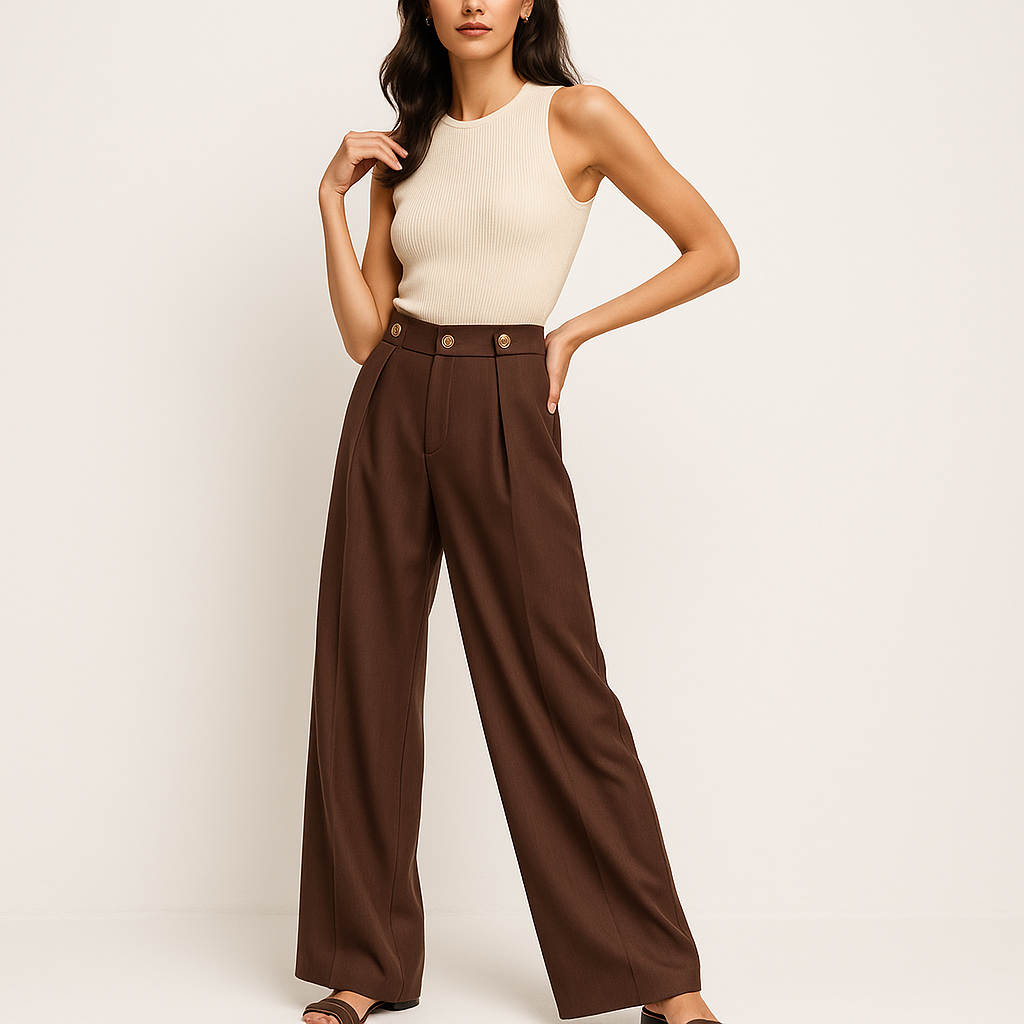 Pantalon Large Taille Haute | Détail Bouton Or | Silhouette Taillée Moderne