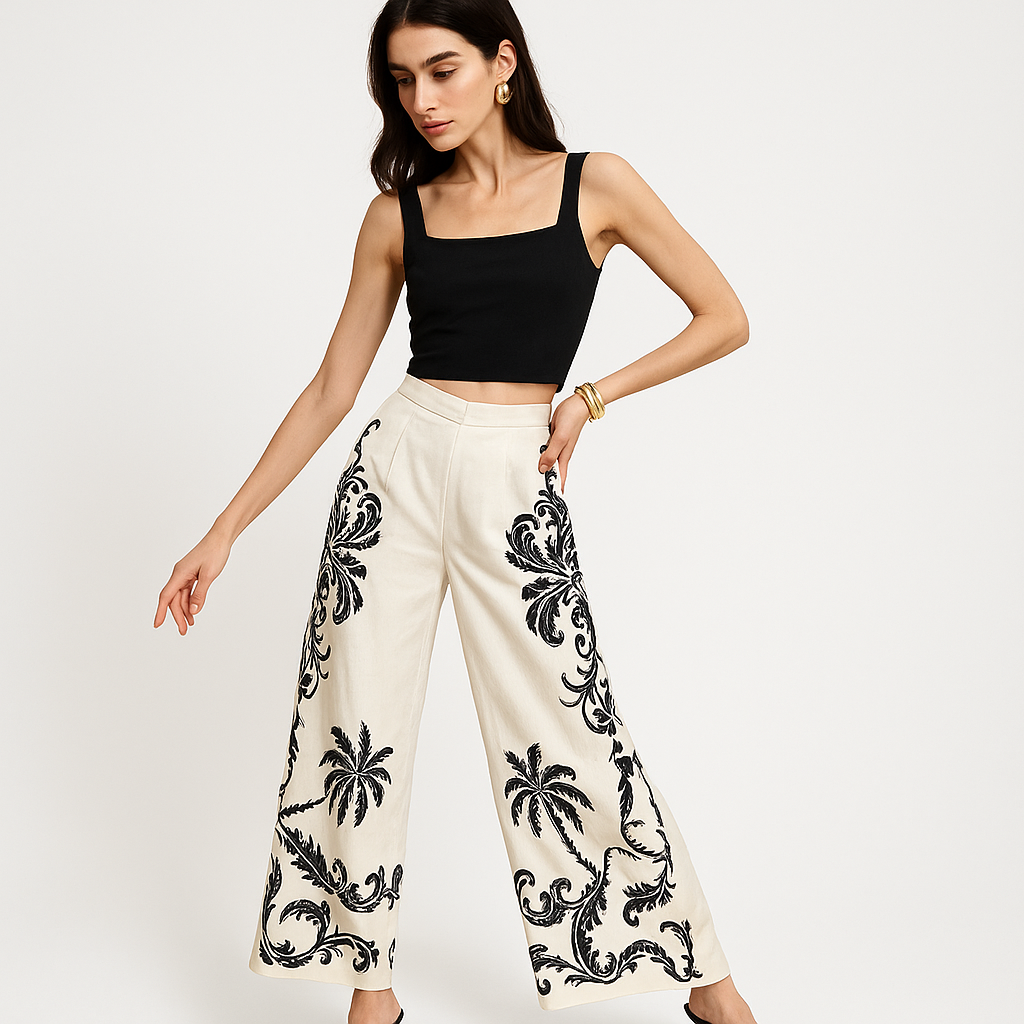 Pantalon Large Tropical | Haut Taille | Léger Élégance Été
