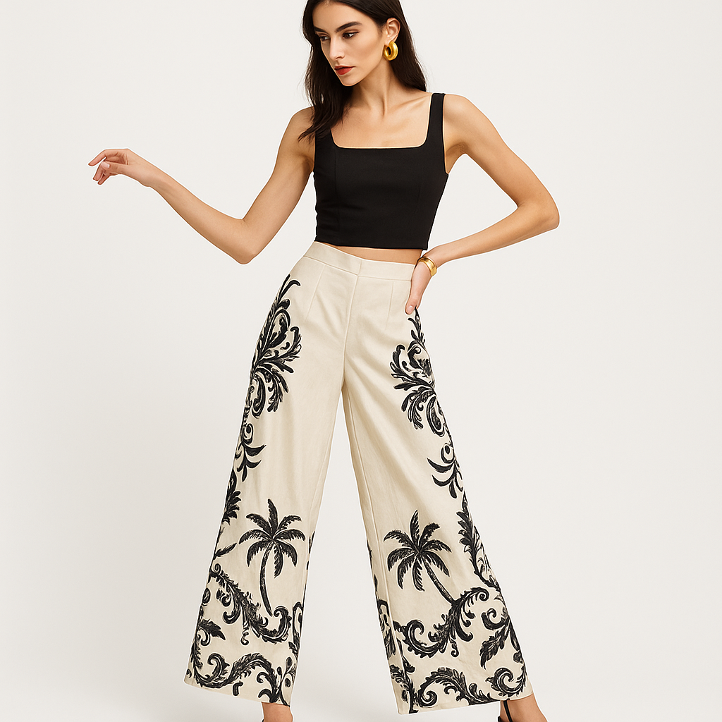 Pantalon Large Tropical | Haut Taille | Léger Élégance Été