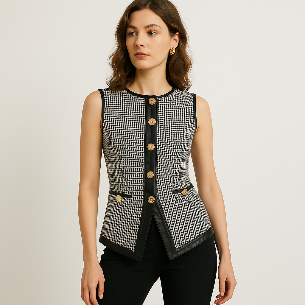 Gilet sans manches structuré | Motif pied-de-poule | Bord contrastant