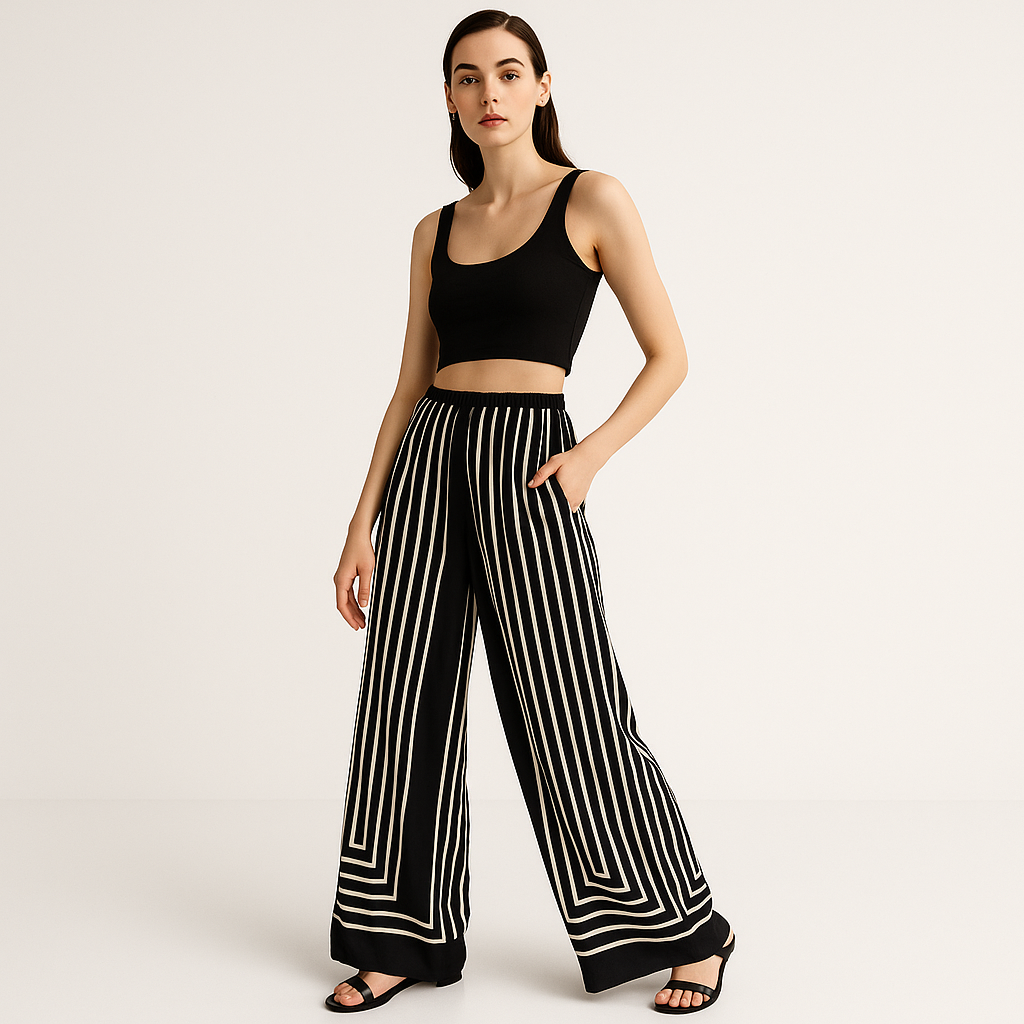 Pantalon Large en Soie | Rayures Géométriques | Look Moderne Sans Effort