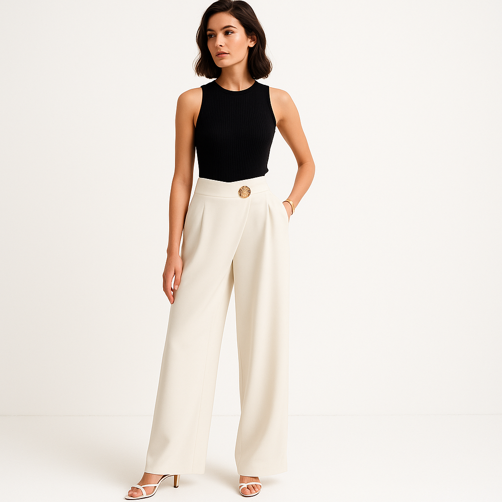 Pantalon Large Haut à Ceinture | Détail Bouton Or | Silhouette Fluide Raffinée
