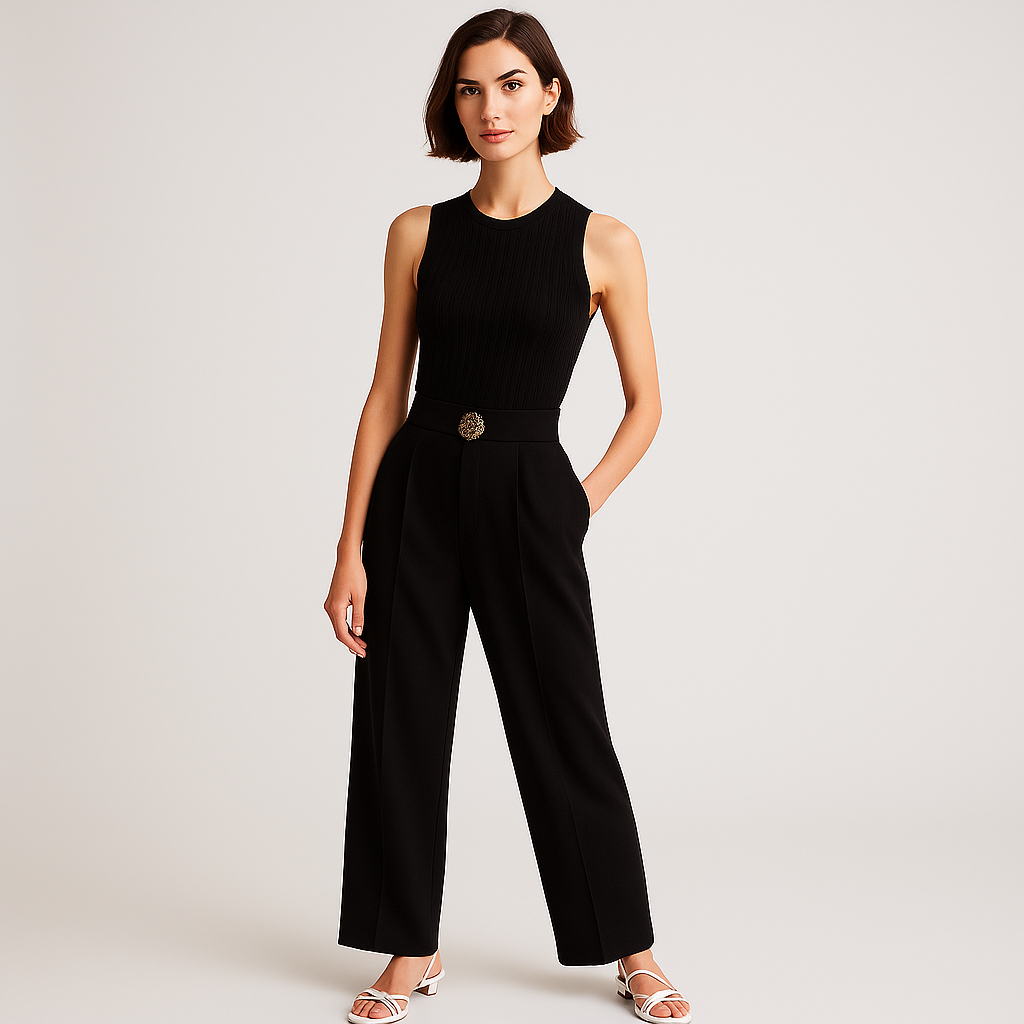 Pantalon Large Haut à Ceinture | Détail Bouton Or | Silhouette Fluide Raffinée