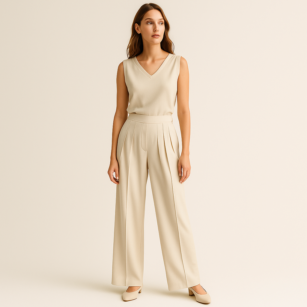 Pantalon Large Plissé Haut Taille | Beige