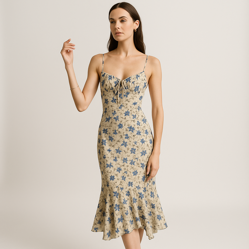 Robe Midi Florale | Imprimé Bleu | Silhouette Romantique