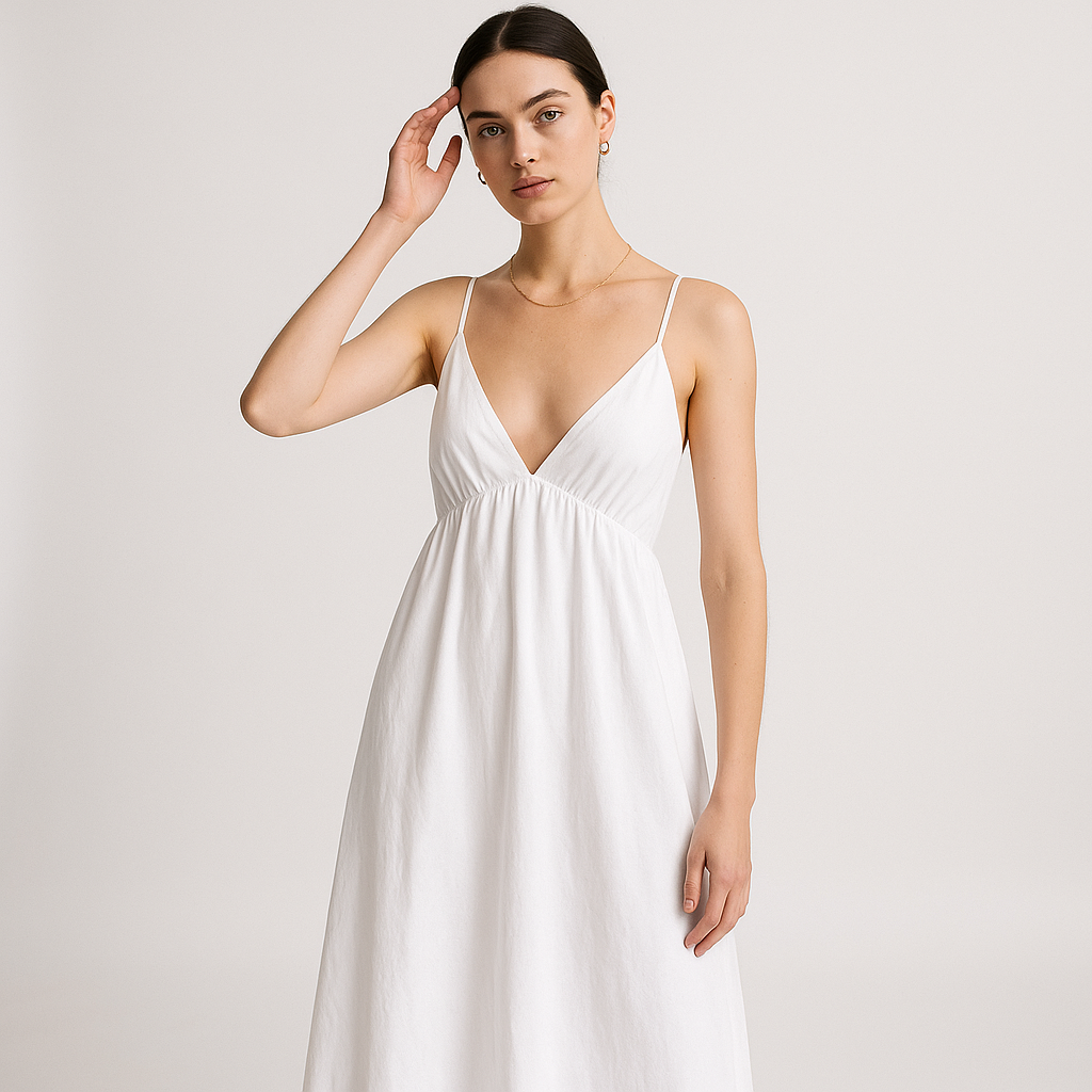 Robe Midi en Coton | Col V | Bretelles Ajustables