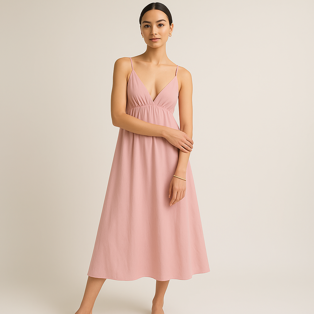 Robe Midi en Coton | Col V | Bretelles Ajustables