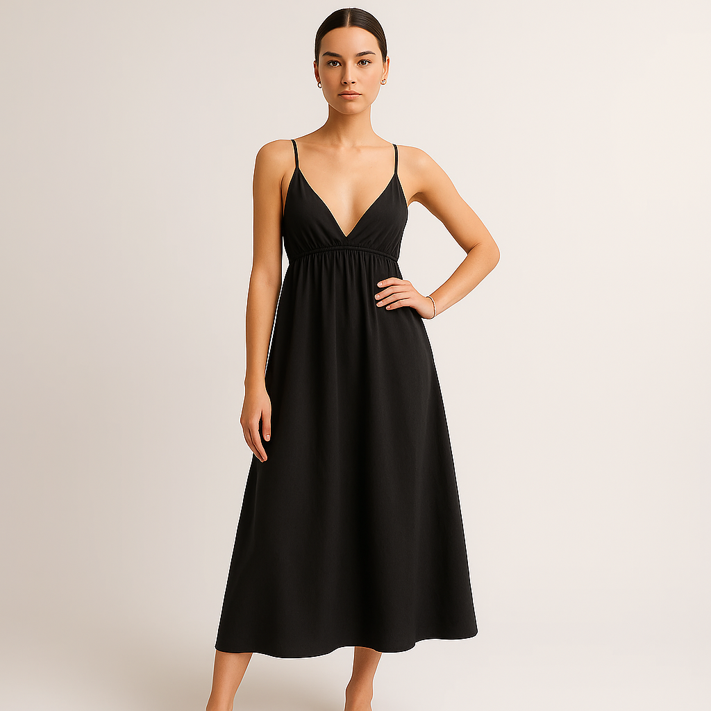 Robe Midi en Coton | Col V | Bretelles Ajustables