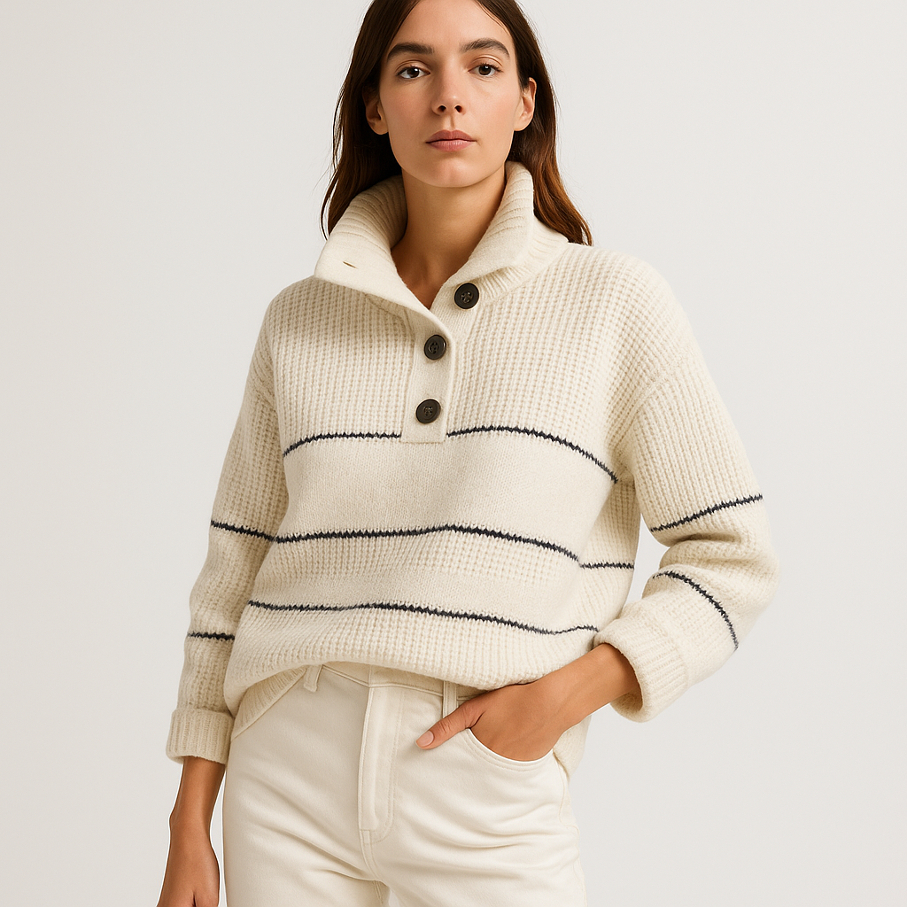 Pull Marine à Rayures avec Boutons | Coton Crème | Élégance Française