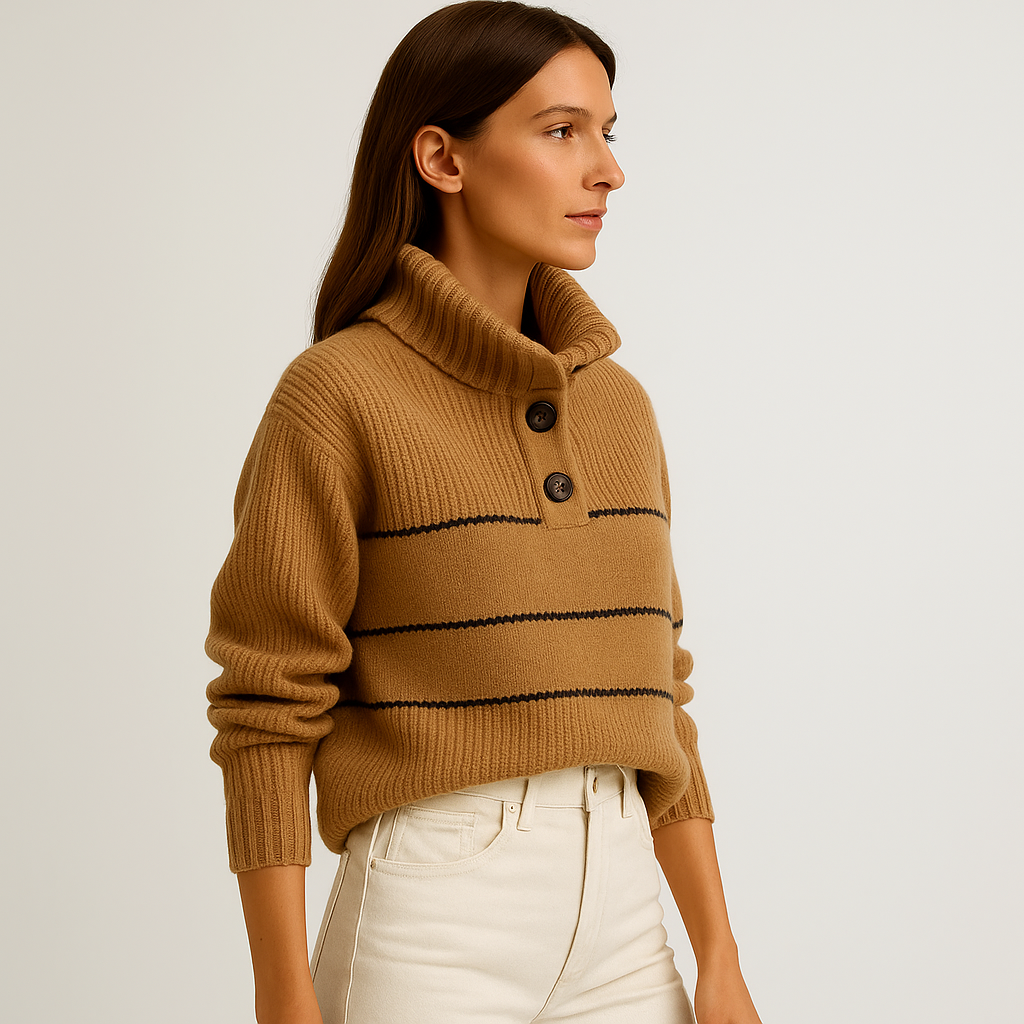 Pull Marine à Rayures avec Boutons | Coton Crème | Élégance Française