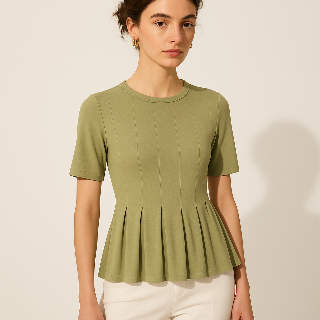 Top en maille avec ourlet plissé | Taille cintrée | Manche courte