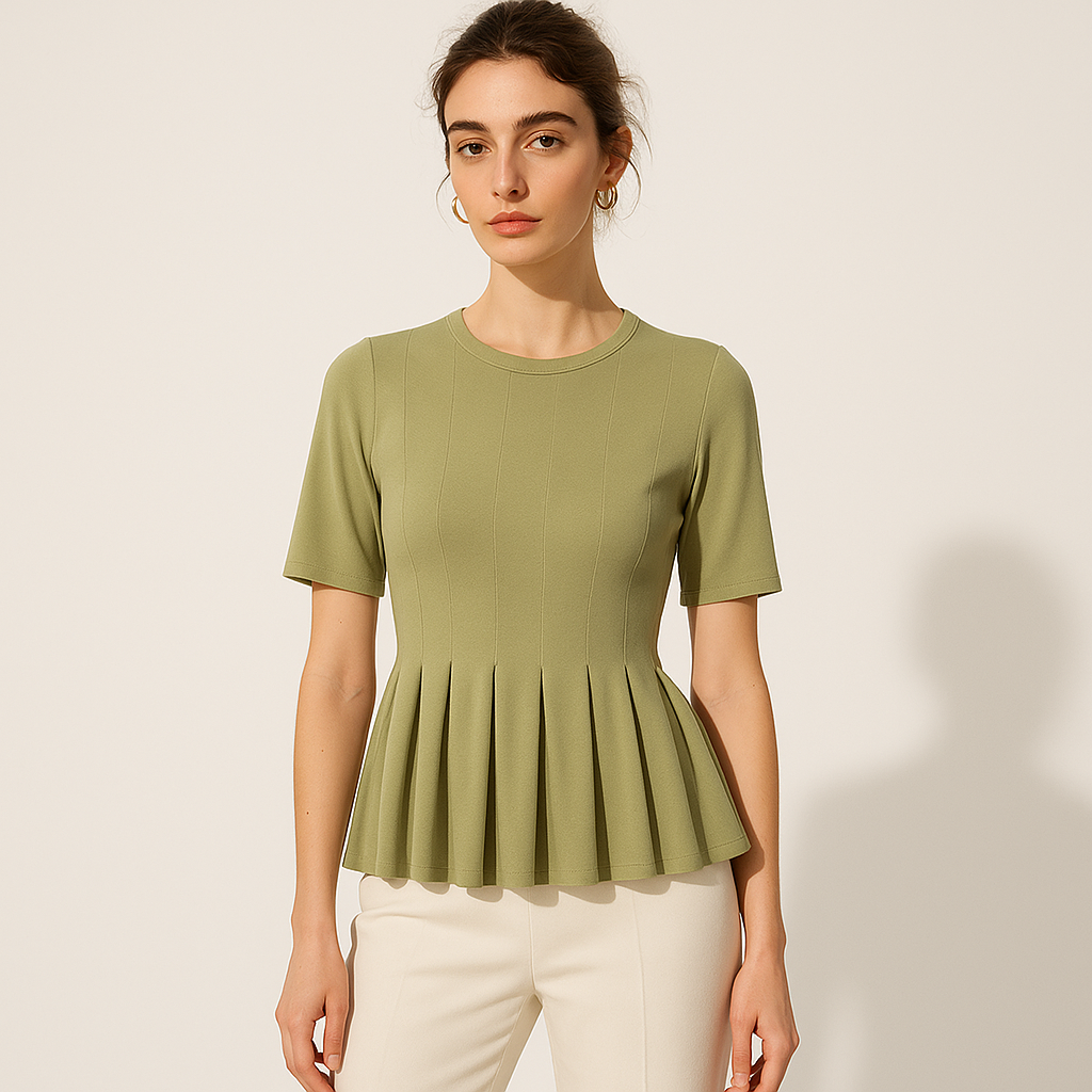 Top en maille avec ourlet plissé | Taille cintrée | Manche courte