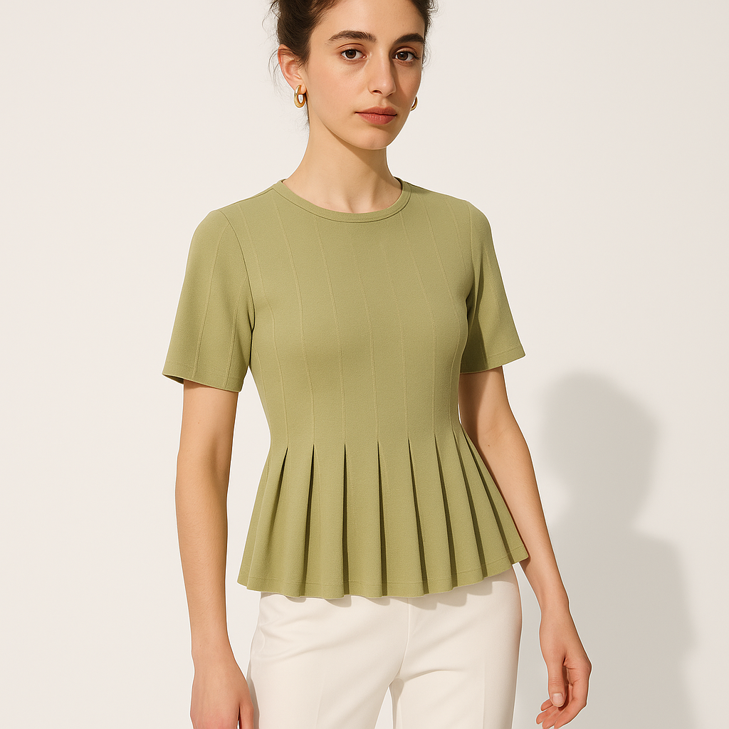 Top en maille avec ourlet plissé | Taille cintrée | Manche courte