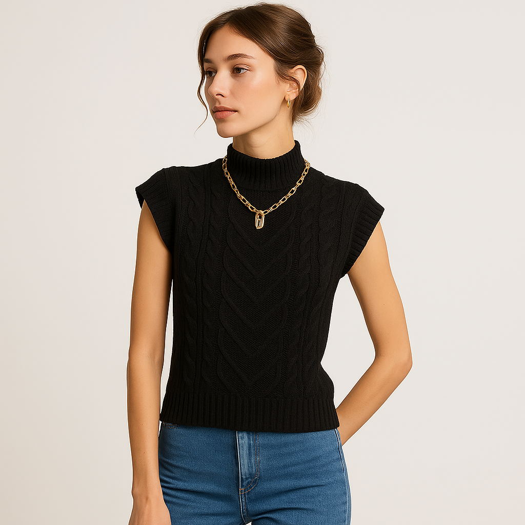 Pull Over Sans Manches en Maille Cable | Col Haut