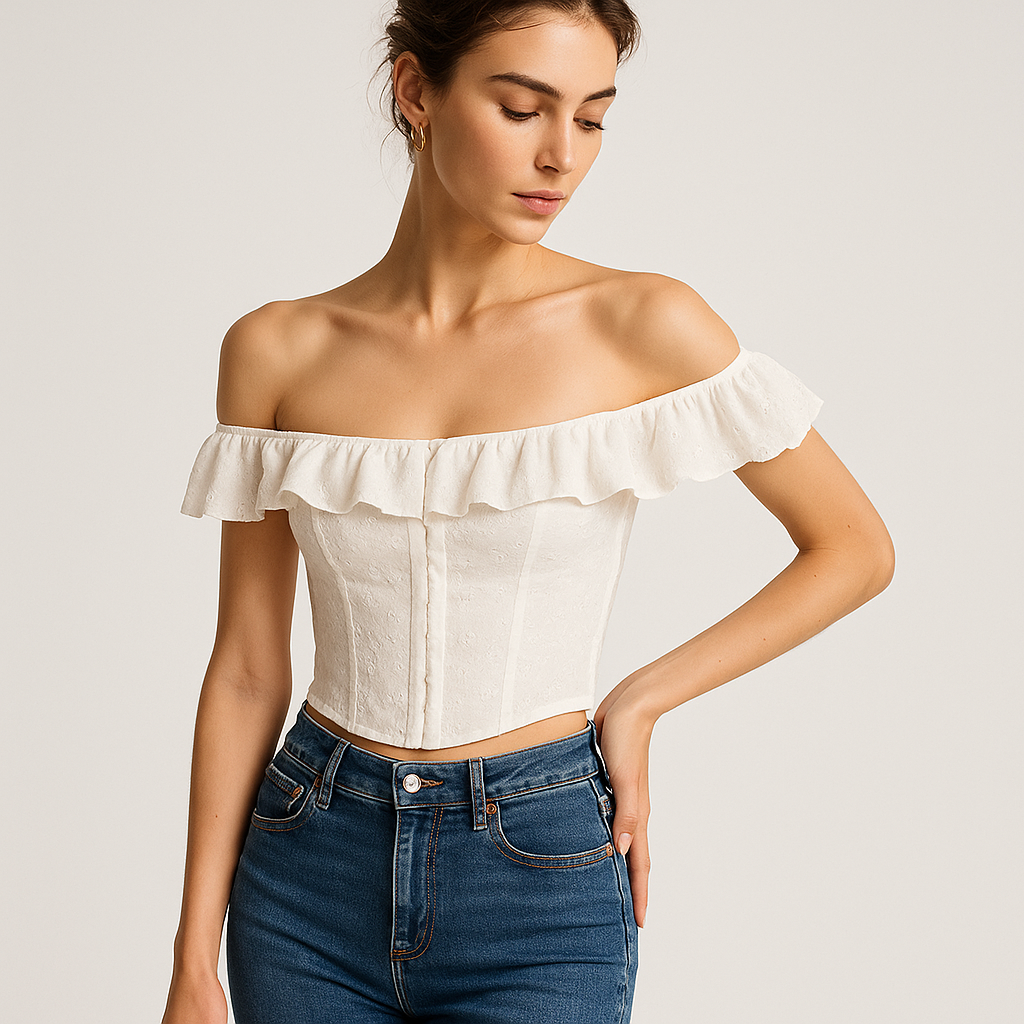 Top Corset Bardot en Broderie | Volants | Silhouette Ajustée