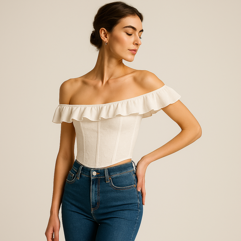 Top Corset Bardot en Broderie | Volants | Silhouette Ajustée