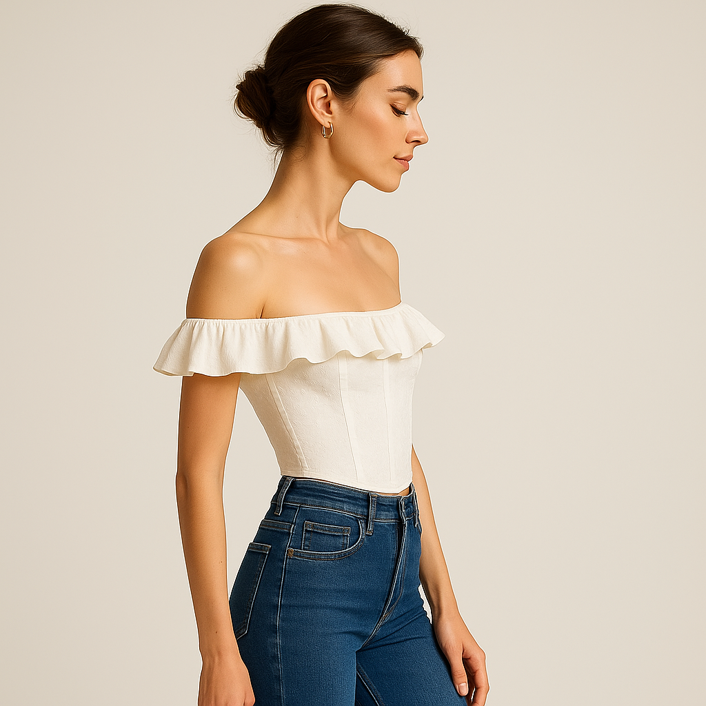 Top Corset Bardot en Broderie | Volants | Silhouette Ajustée