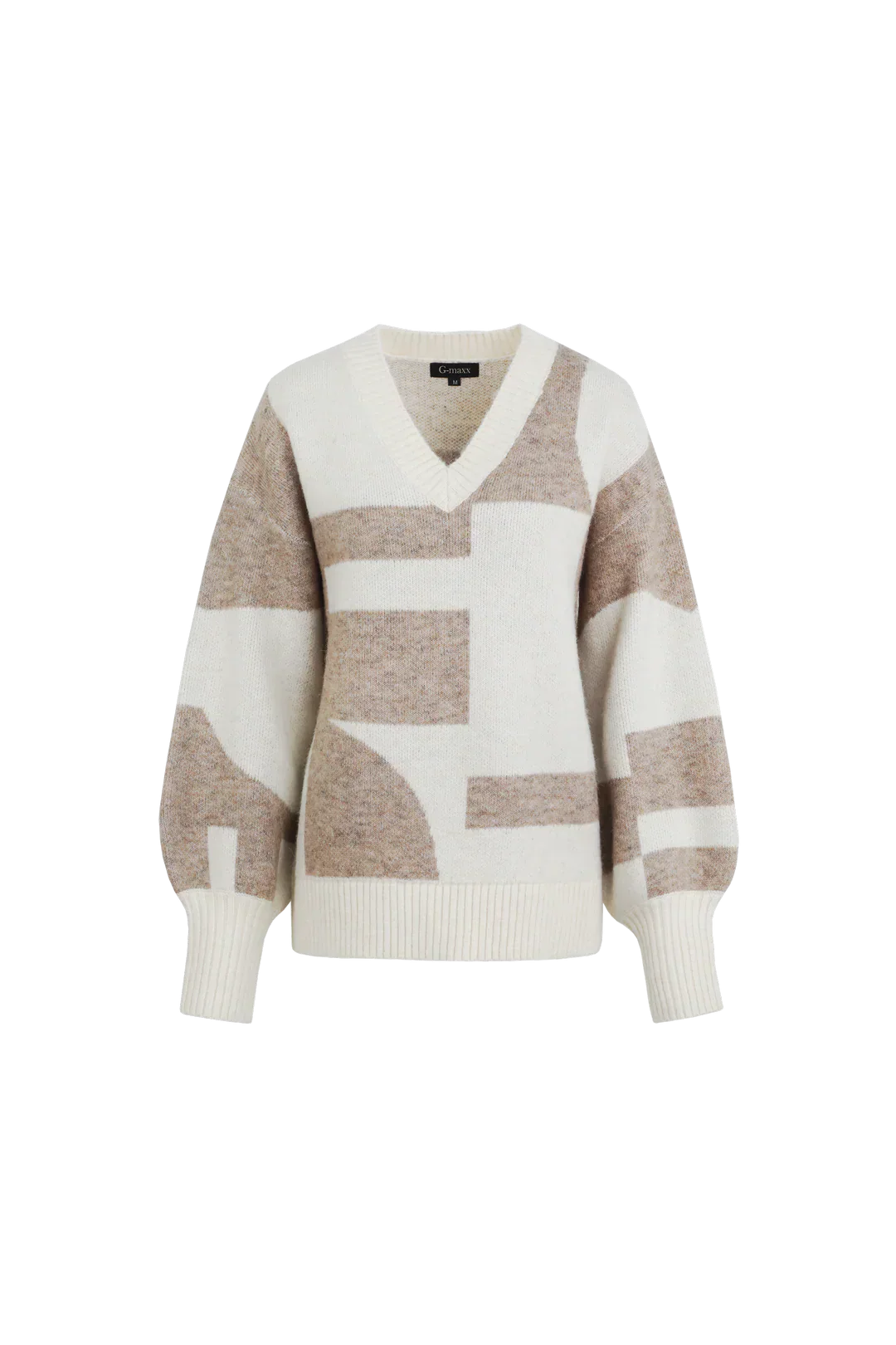 Pull-over Géométrique en Tricot | V-Cou | Manches Ballon
