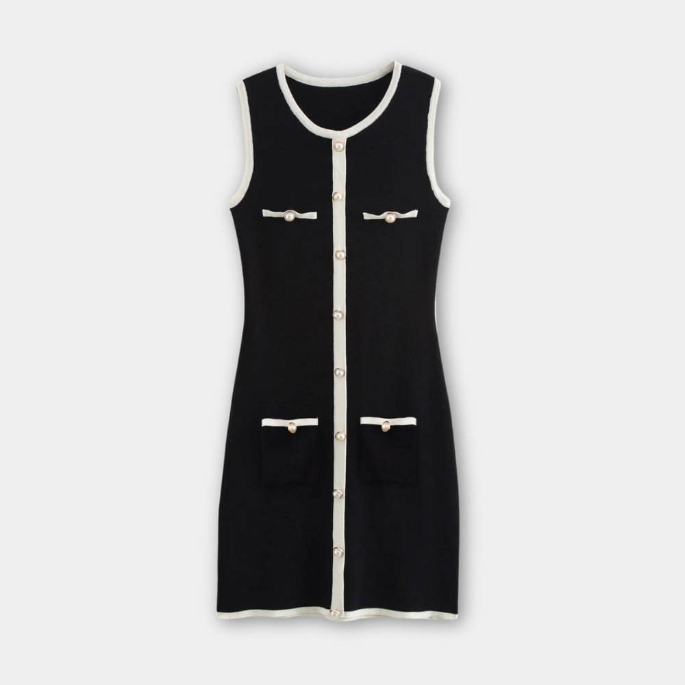 Robe Mini Tricot Sans Manches | Bordure Contrastée | Boutons Devant | Ajustée