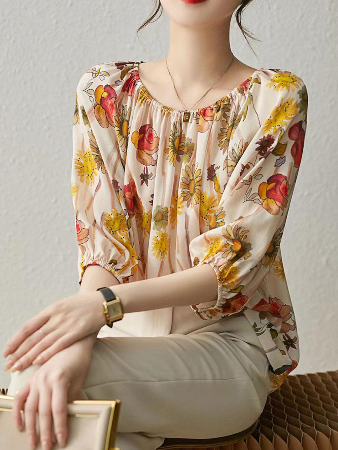 Blouse florale | Manches ballon | Collection Clarté