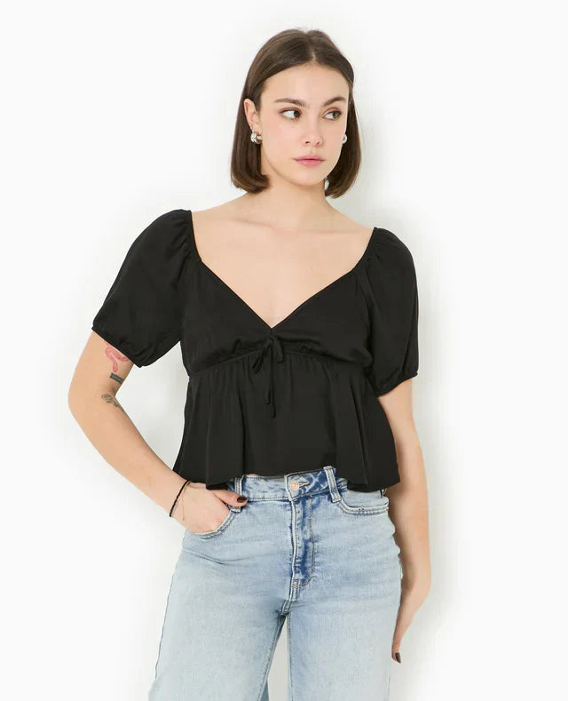 Blouse Peplum | Manches Ballon | Col V | Vêtement Léger d'Été