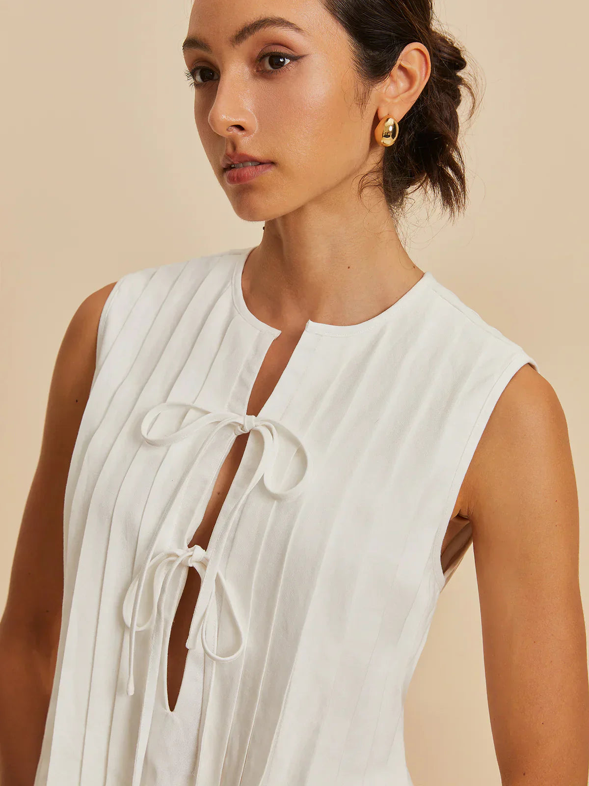 Blouse sans manches à nouer devant | Mélange coton-lin