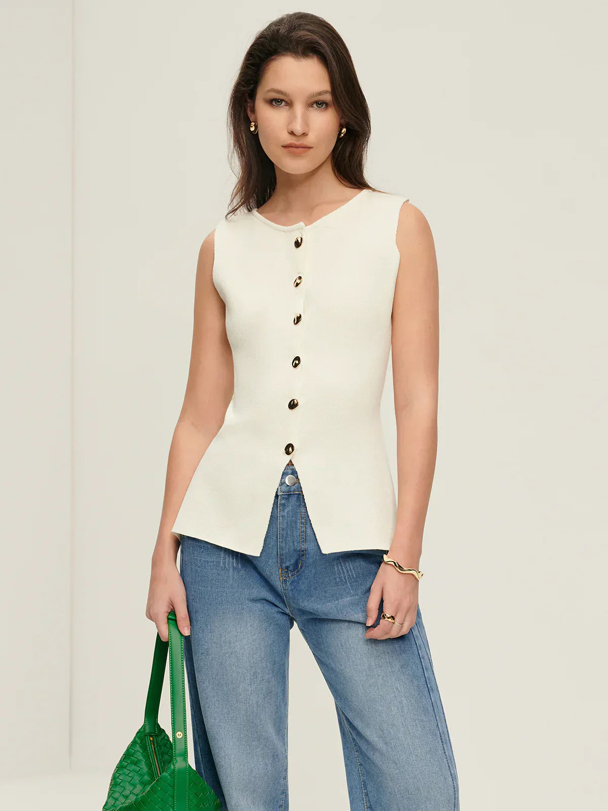 Gilet Tricot Métier | Boutons Devant | Ourlet Fendu