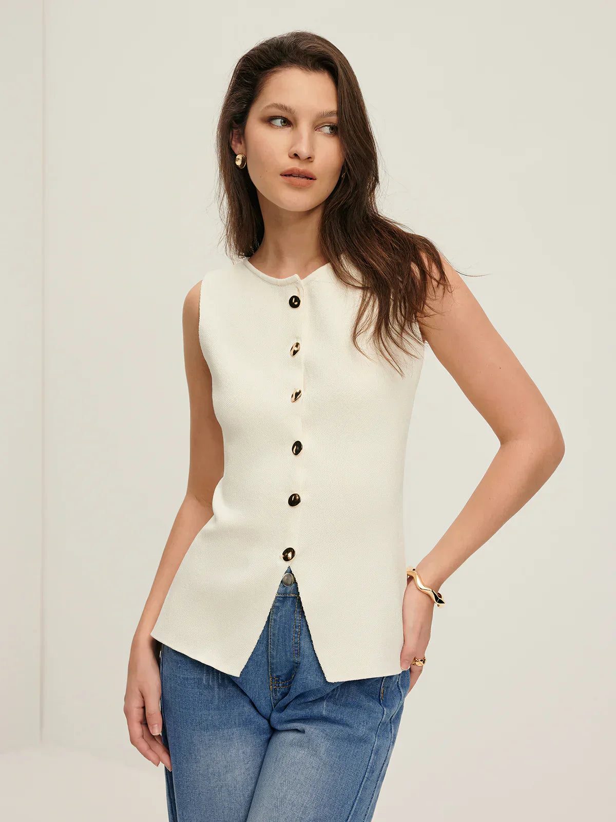 Gilet Tricot Métier | Boutons Devant | Ourlet Fendu