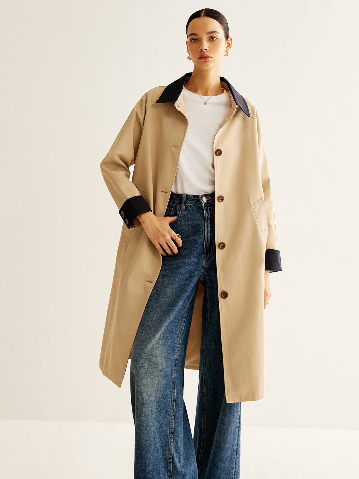 Manteau Trench Simple | Col Contrasté | Longueur Moyenne