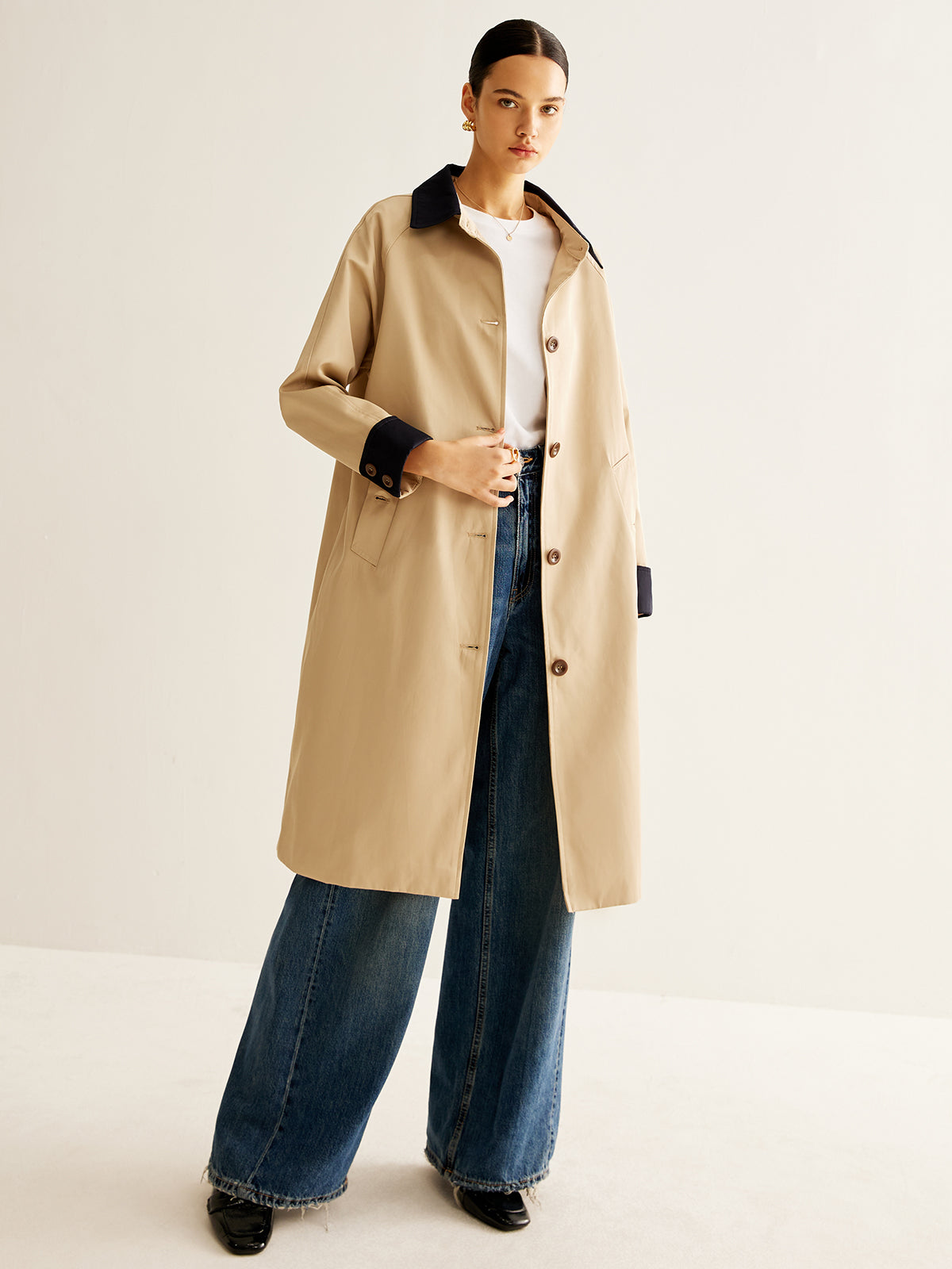 Manteau Trench Simple | Col Contrasté | Longueur Moyenne