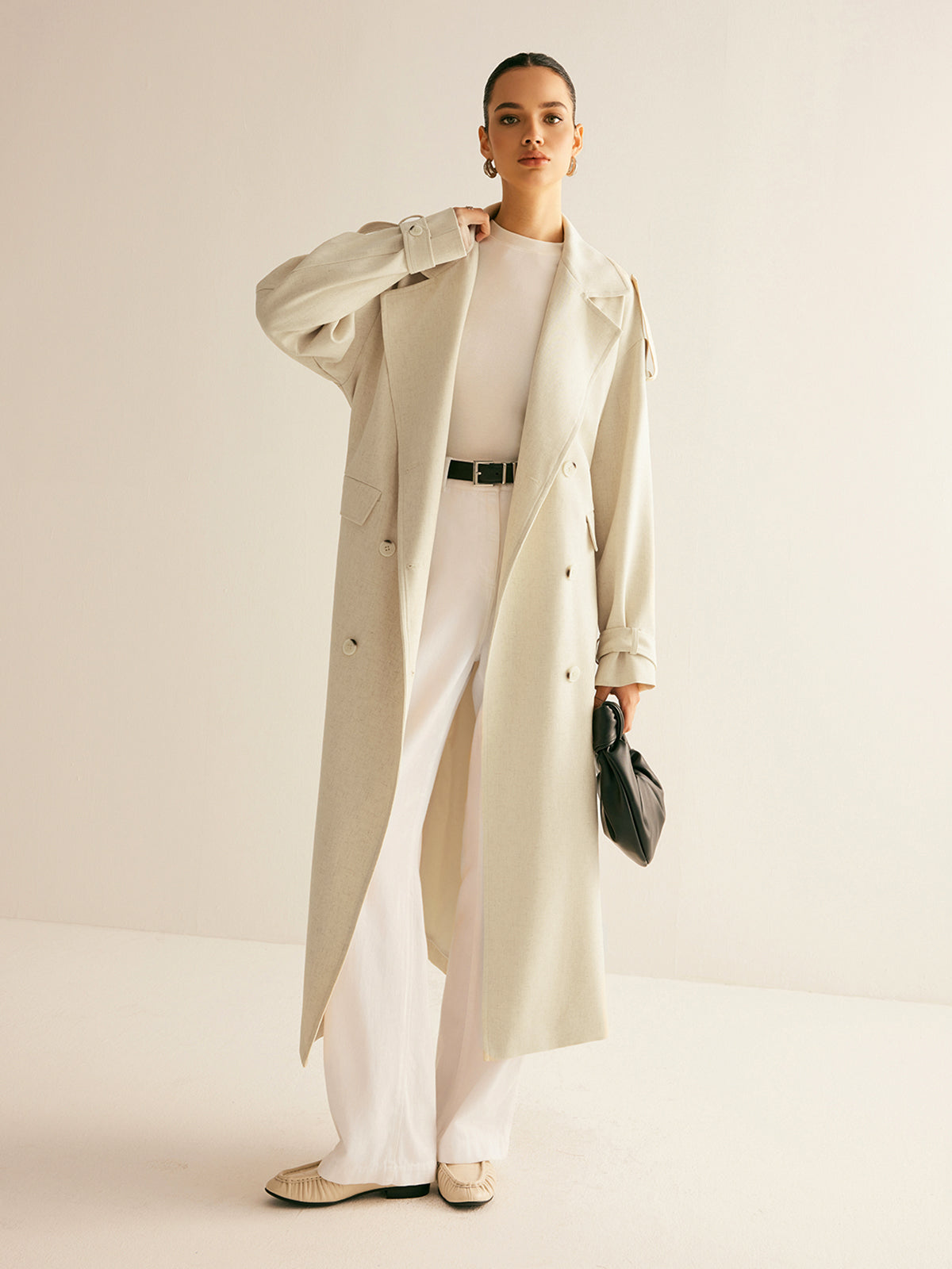 Manteau Long en Mélange de Laine | Double Boutonnage | Silhouette Ceinturée