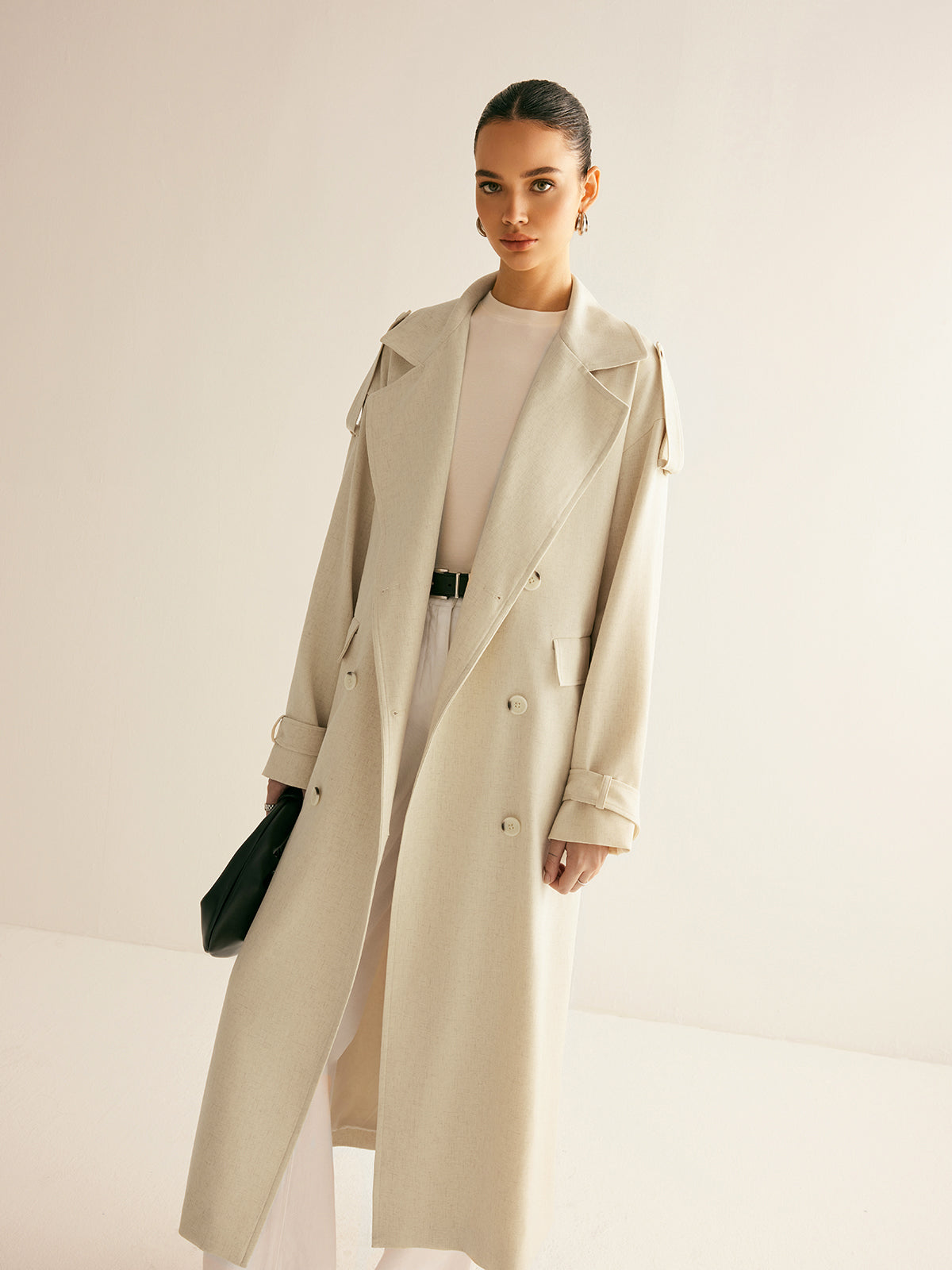 Manteau Long en Mélange de Laine | Double Boutonnage | Silhouette Ceinturée