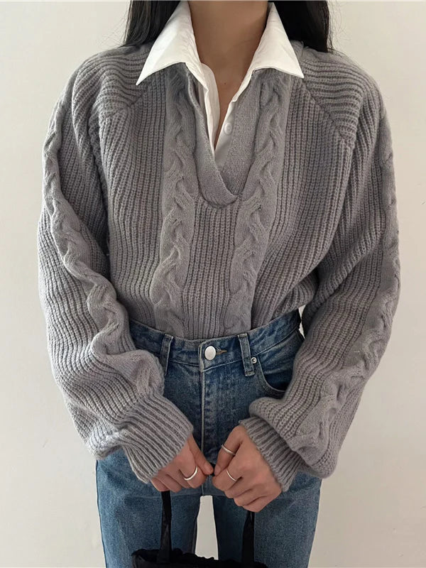 Pull en Maille Cable V Col Retro | Col Retourné | Coupe Relaxée