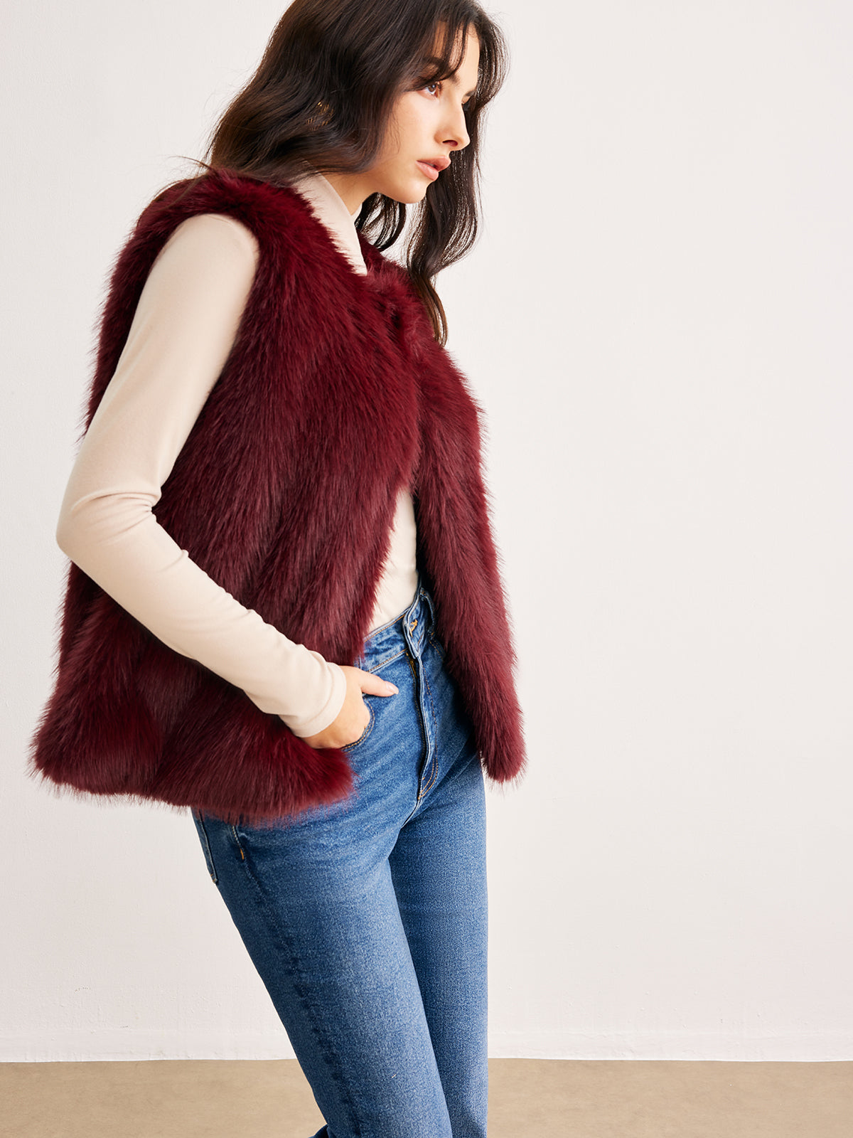 Gilet en Fausse Fourrure | Bourgogne | Finition Douce