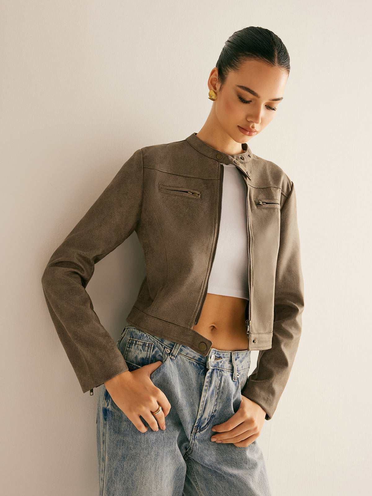 Veste Cropped Effet Suède | Style Minimaliste Moto