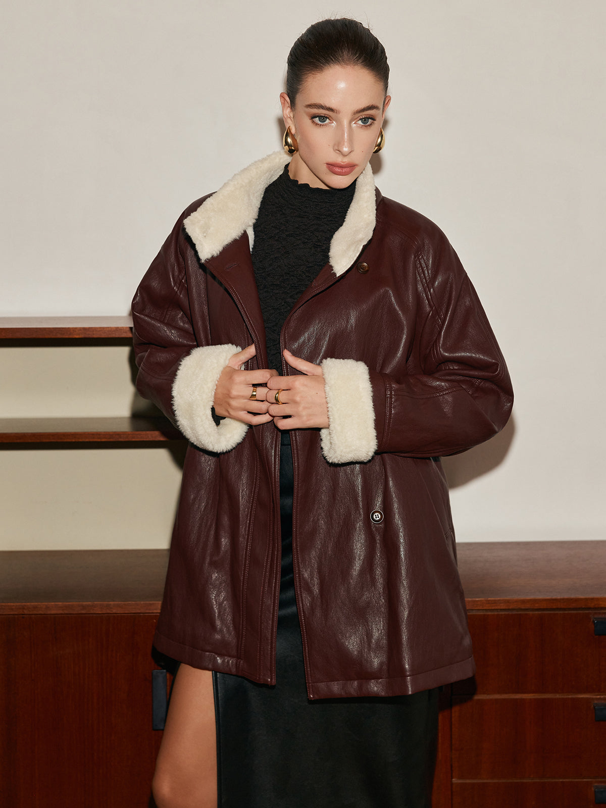 Manteau Aviateur en Faux Cuir | Doublure Shearling | Taille Ceinturée