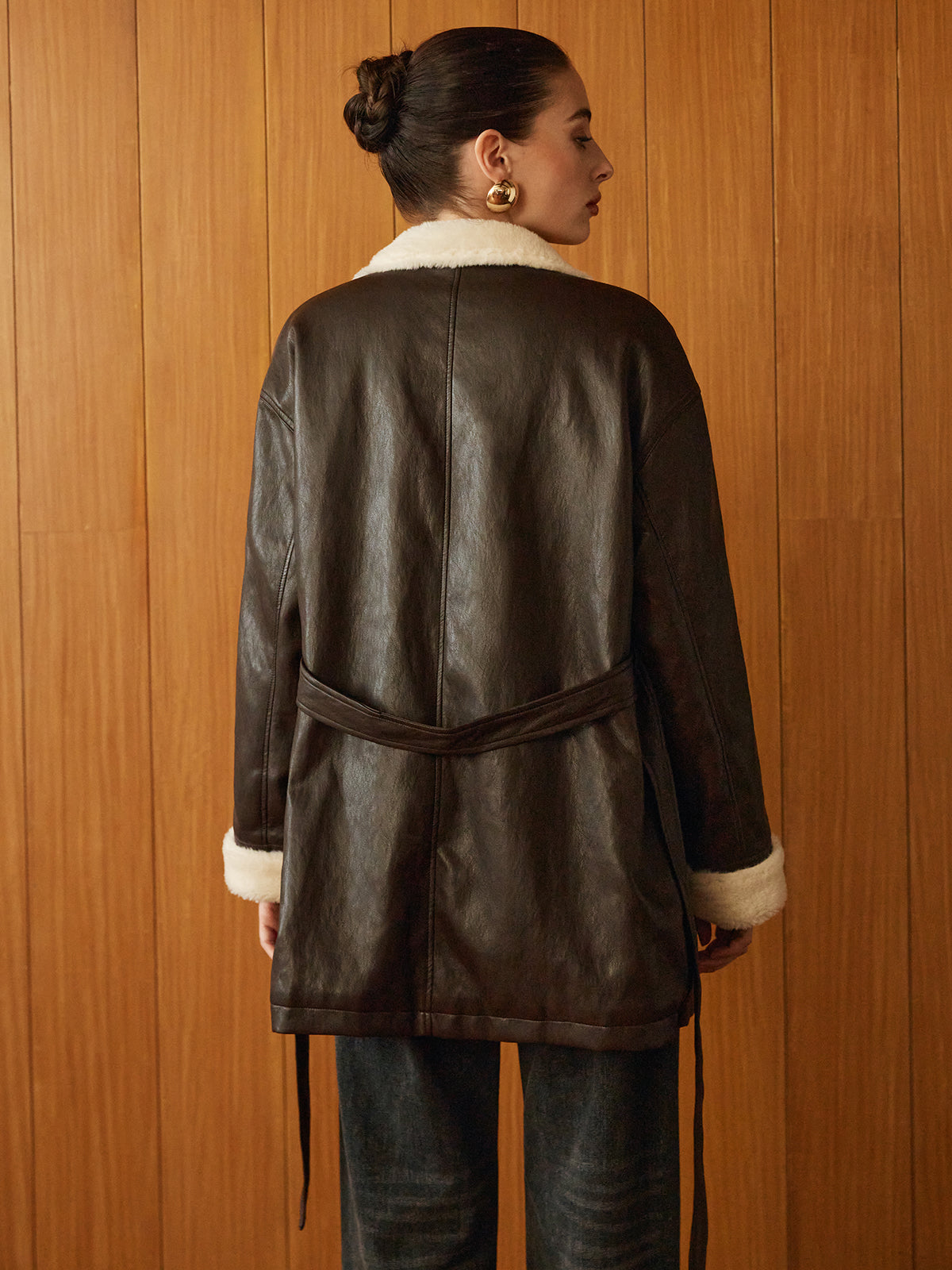 Manteau Aviateur en Faux Cuir | Doublure Shearling | Taille Ceinturée