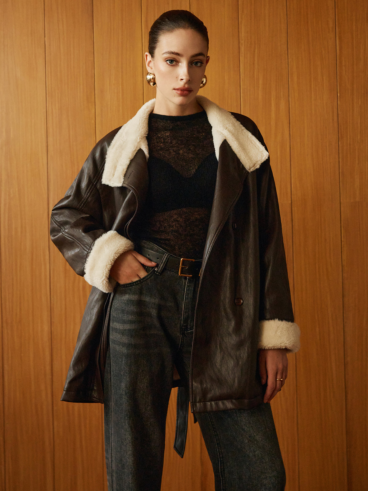 Manteau Aviateur en Faux Cuir | Doublure Shearling | Taille Ceinturée