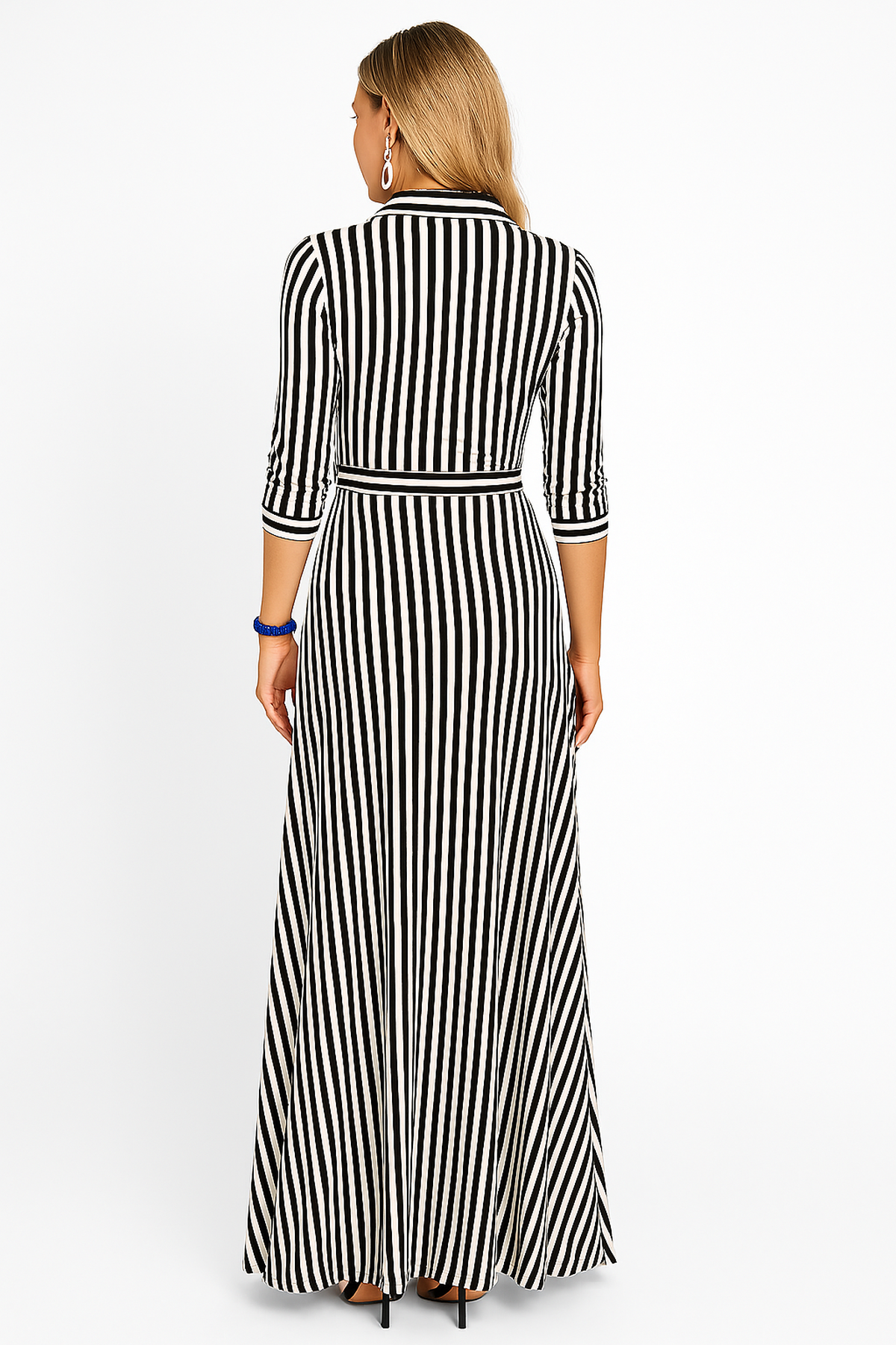 Robe Chemise Maxi Rayée | Bouton Devant avec Ceinture Taille
