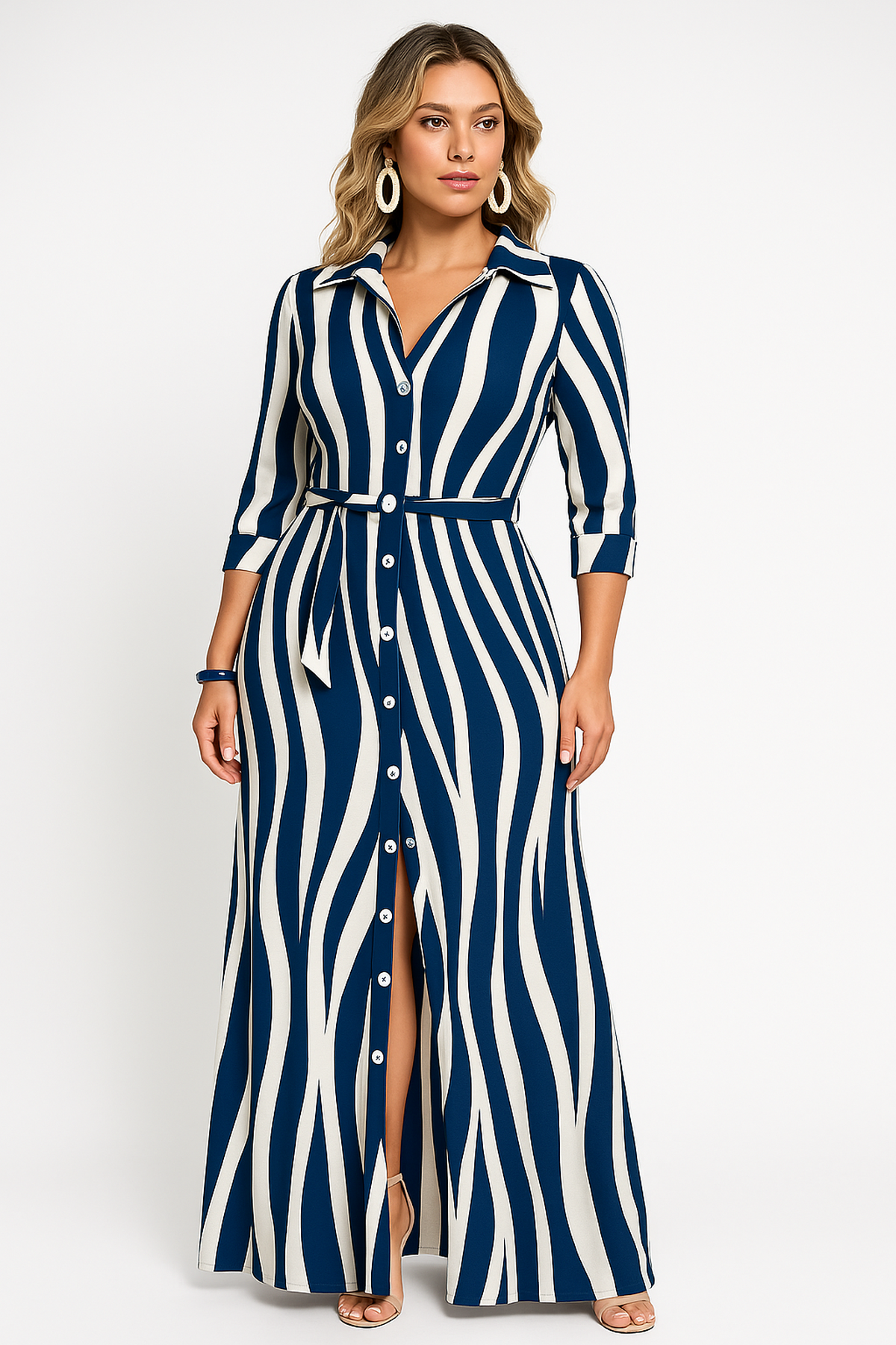 Robe Chemise Maxi Rayée | Bouton Devant avec Ceinture Taille