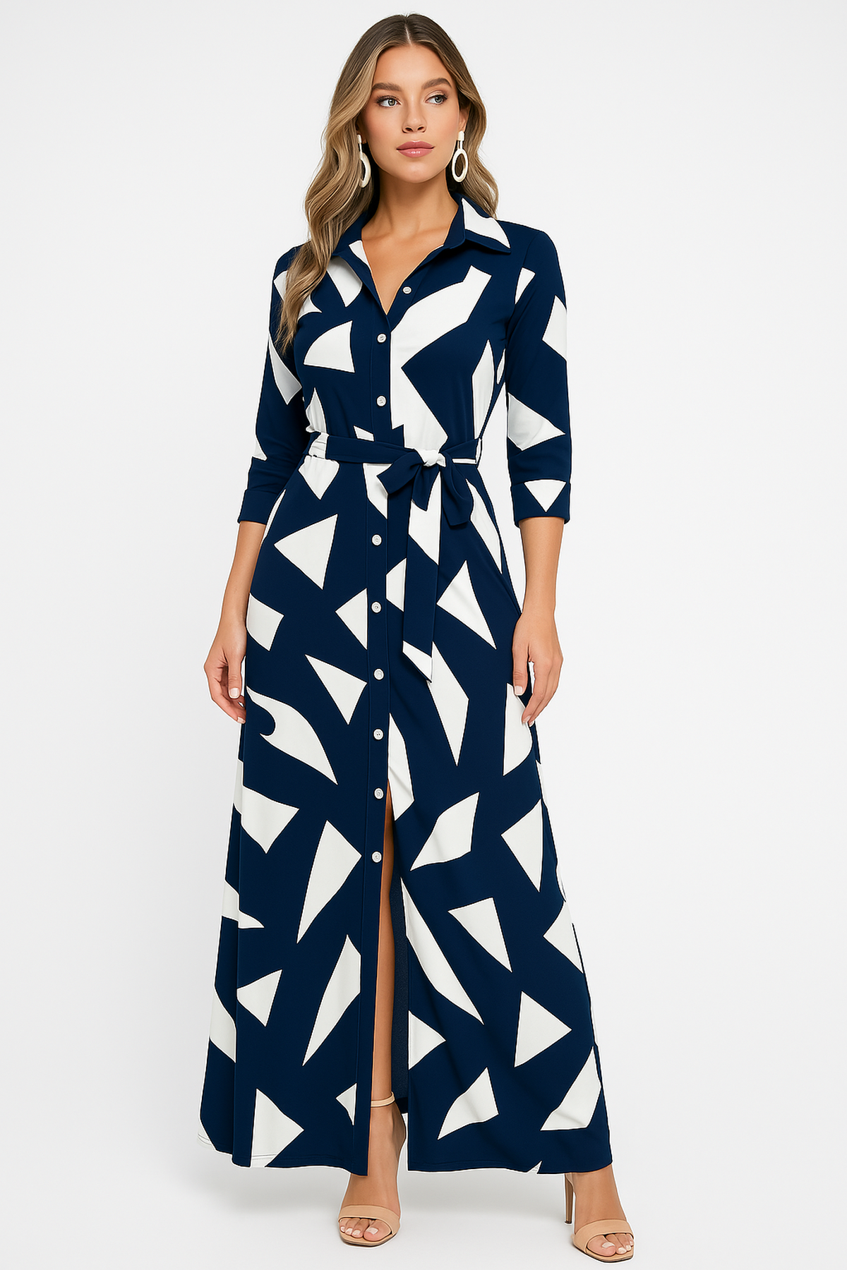 Robe Chemise Maxi Rayée | Bouton Devant avec Ceinture Taille