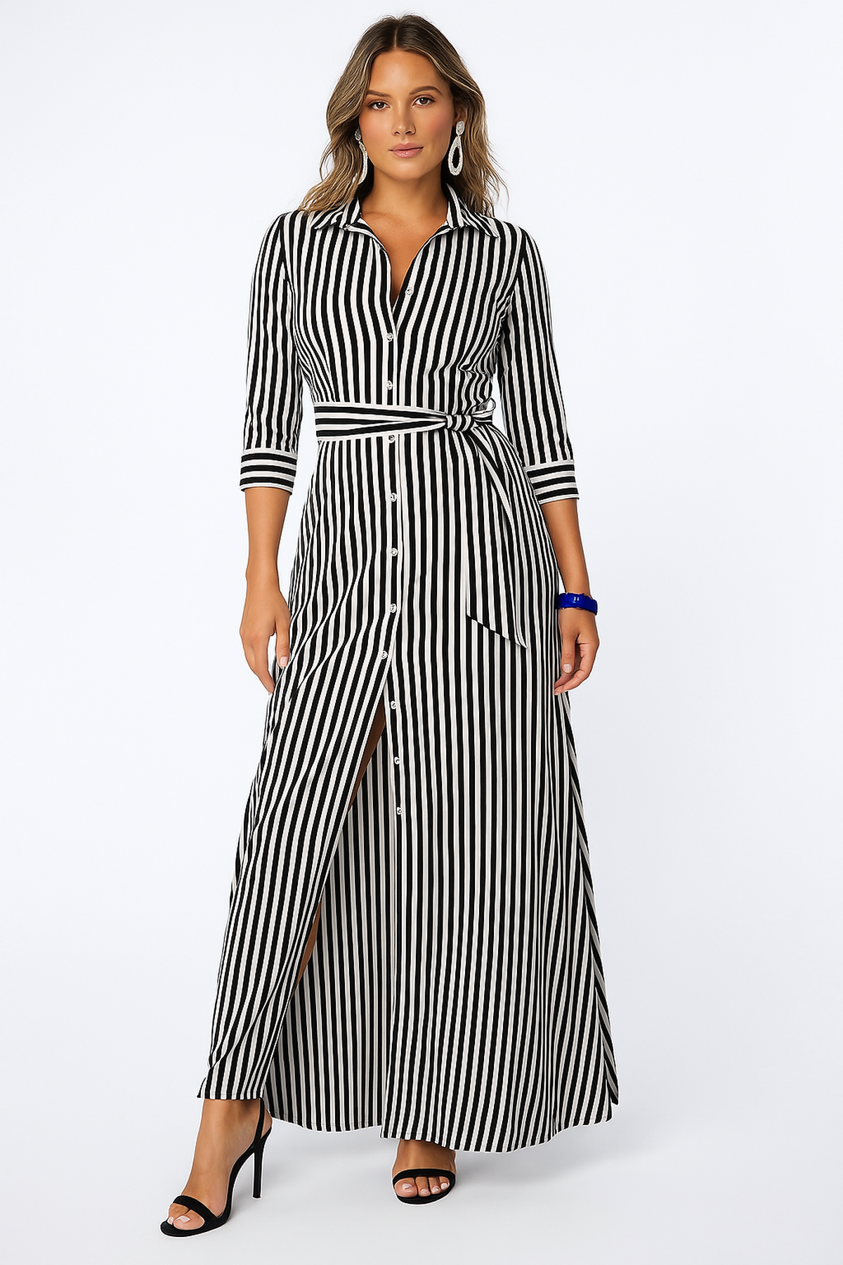 Robe Chemise Maxi Rayée | Bouton Devant avec Ceinture Taille